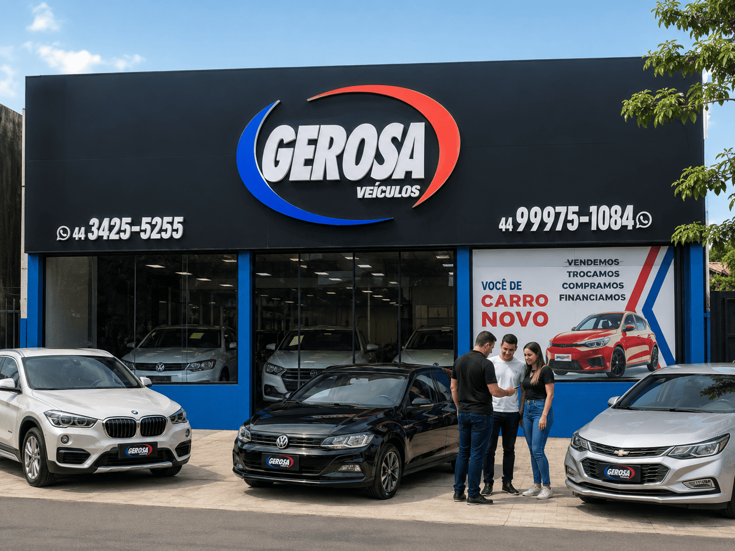 Fachada da loja Gerosa Veículos em Loanda - PR com carros em exposição